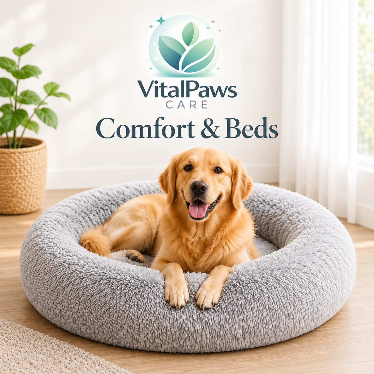 A happy golden retriever resting inside a plush, round gray pet bed next to a potted plant in a bright living room, with the VitalPaws Care logo and text reading Comfort & Beds.