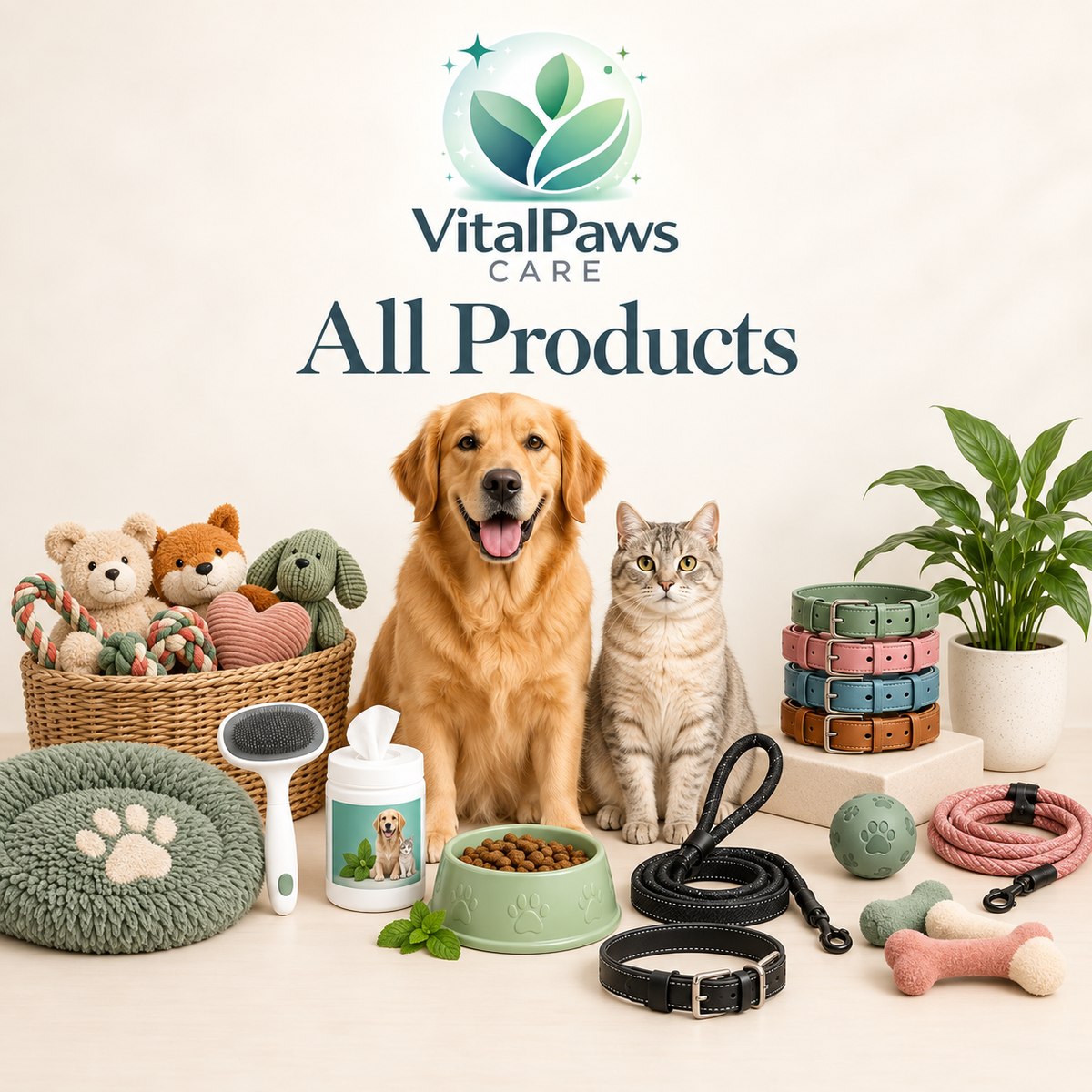 A promotional product display for VitalPaws Care pet products, featuring a golden retriever and a tabby cat sitting behind a collection of pet accessories including a green paw-print mat, brush, treats, leash, collar, toys, and a plant