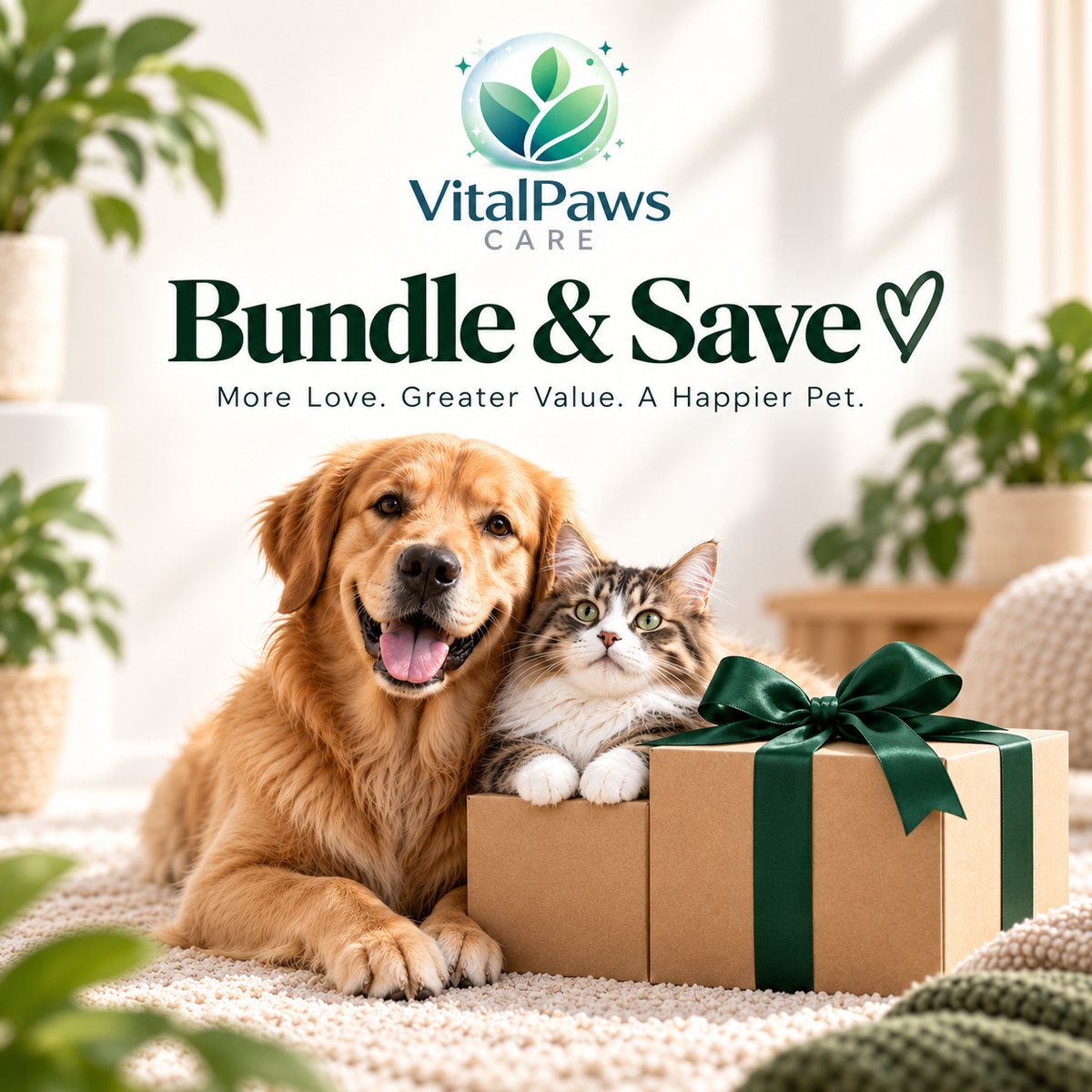 A happy golden retriever and a cute cat sitting next to a wrapped gift box with a green ribbon under the VitalPaws Care logo and the text Bundle & Save in a cozy living room.