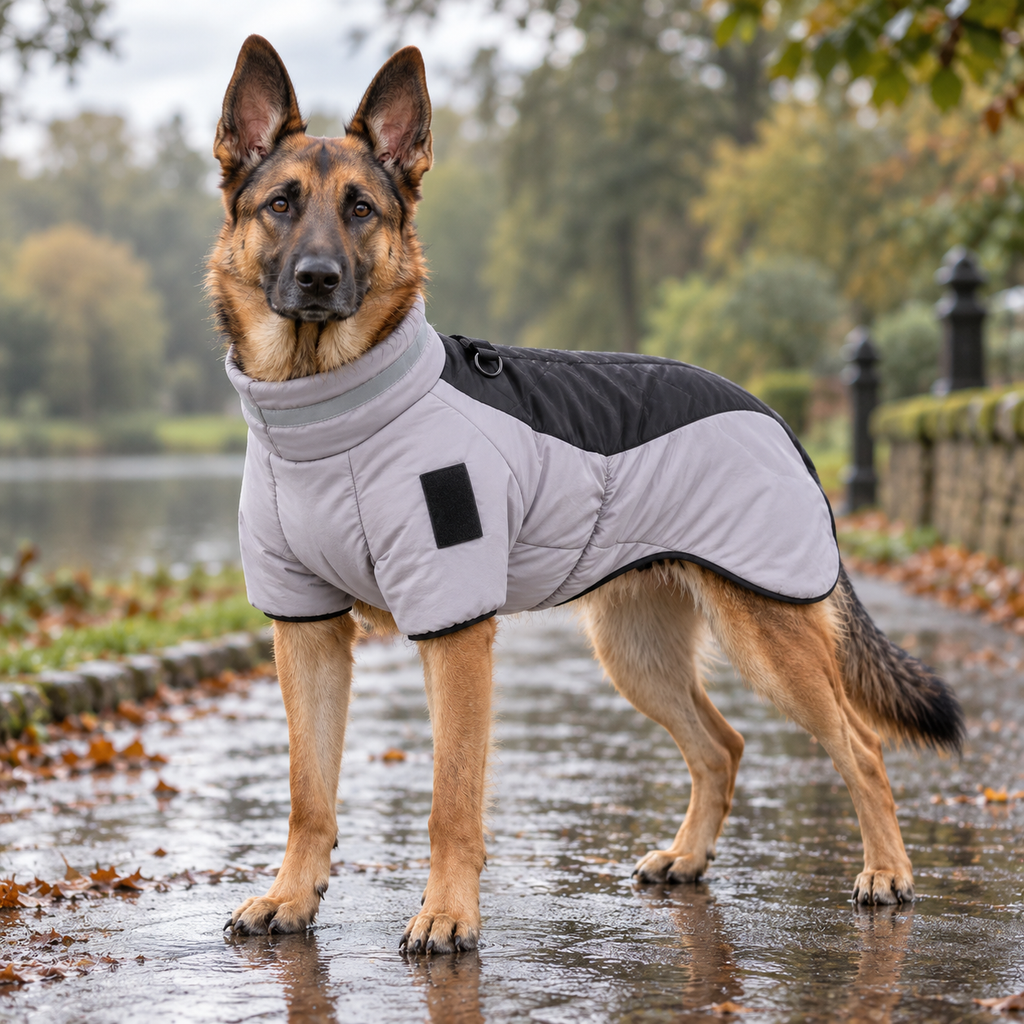 A German Shepherd standing on a wet paved path outdoors, wearing a light gray and black dog coat. Trees and a stone wall are blurred in the background.
