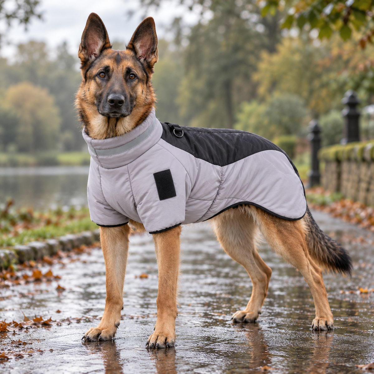 A German Shepherd standing on a wet paved path outdoors, wearing a light gray and black dog coat. Trees and a stone wall are blurred in the background.