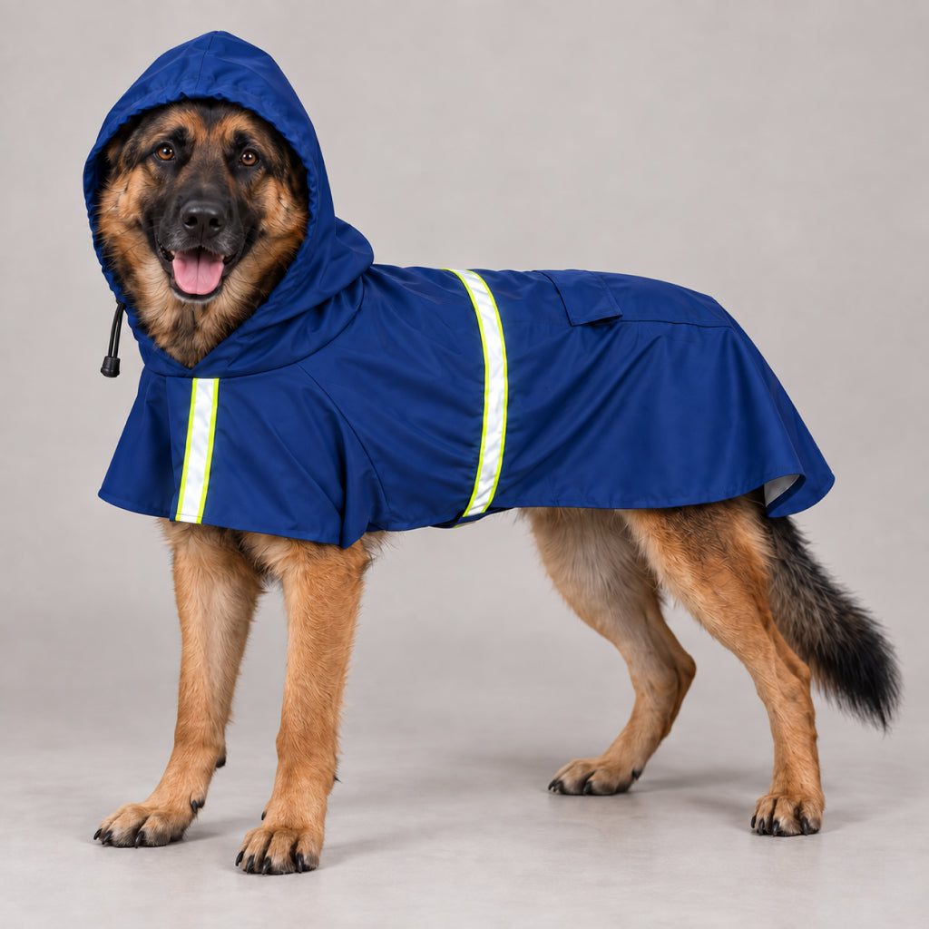A German Shepherd wearing a blue dog raincoat with reflective yellow-green stripes, standing against a neutral gray studio background.