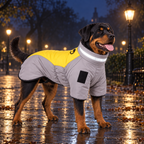 A Rottweiler dog wearing a gray and yellow waterproof dog coat stands on a wet, reflective street at night with glowing streetlights in the background.