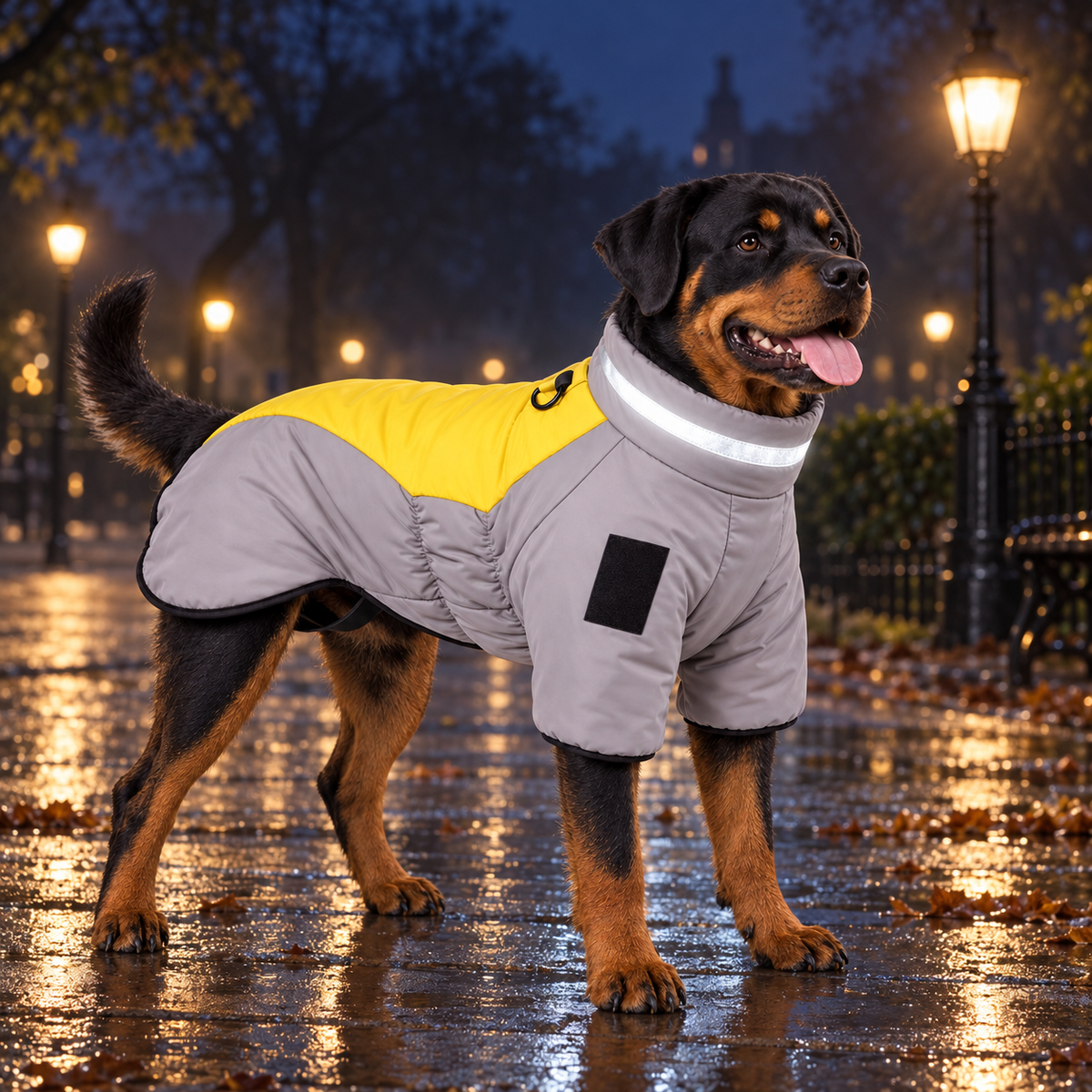 A Rottweiler dog wearing a gray and yellow waterproof dog coat stands on a wet, reflective street at night with glowing streetlights in the background.