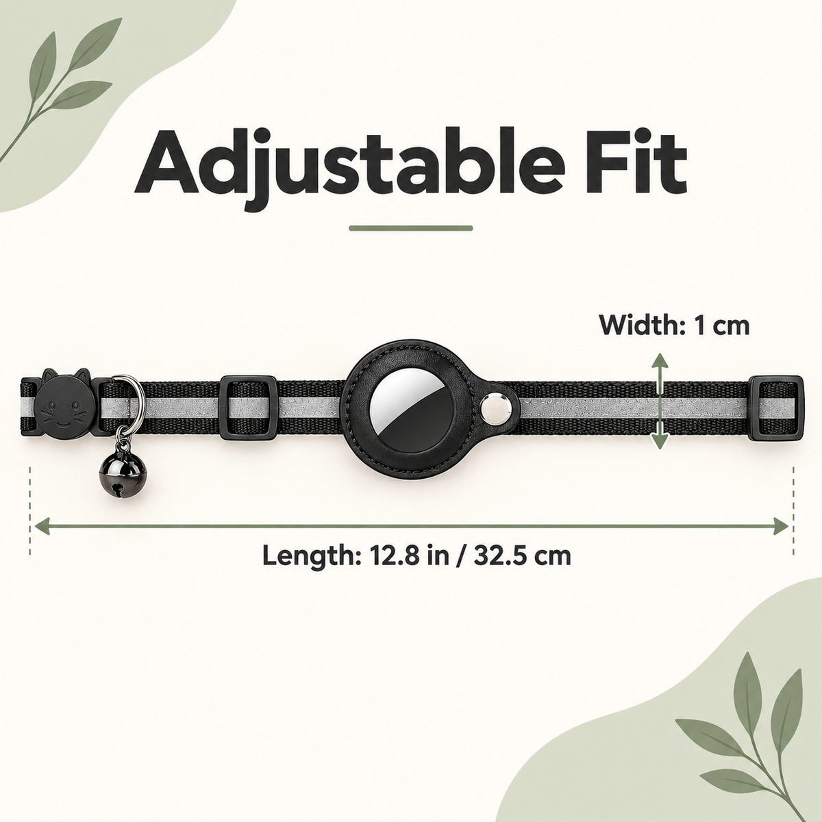 A black adjustable pet collar with a small hanging bell, shown with measurement callouts reading 12.8 in / 32.