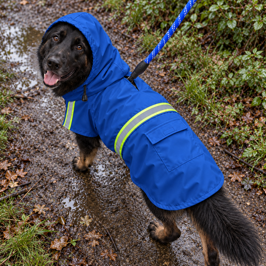 A black and tan dog wearing a bright blue raincoat with reflective yellow-green stripes, walking on a muddy outdoor path with a blue leash attached.