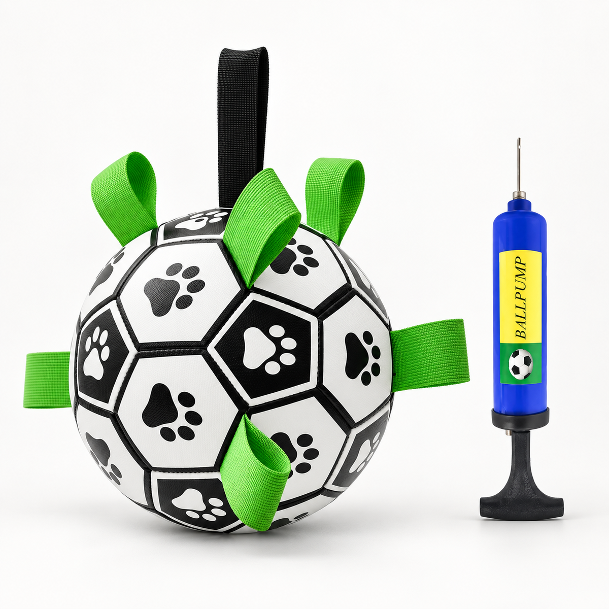 A black and white soccer ball toy with green straps and paw print patterns, shown next to a blue and black hand pump labeled BALLPUMP, on a clean white background.