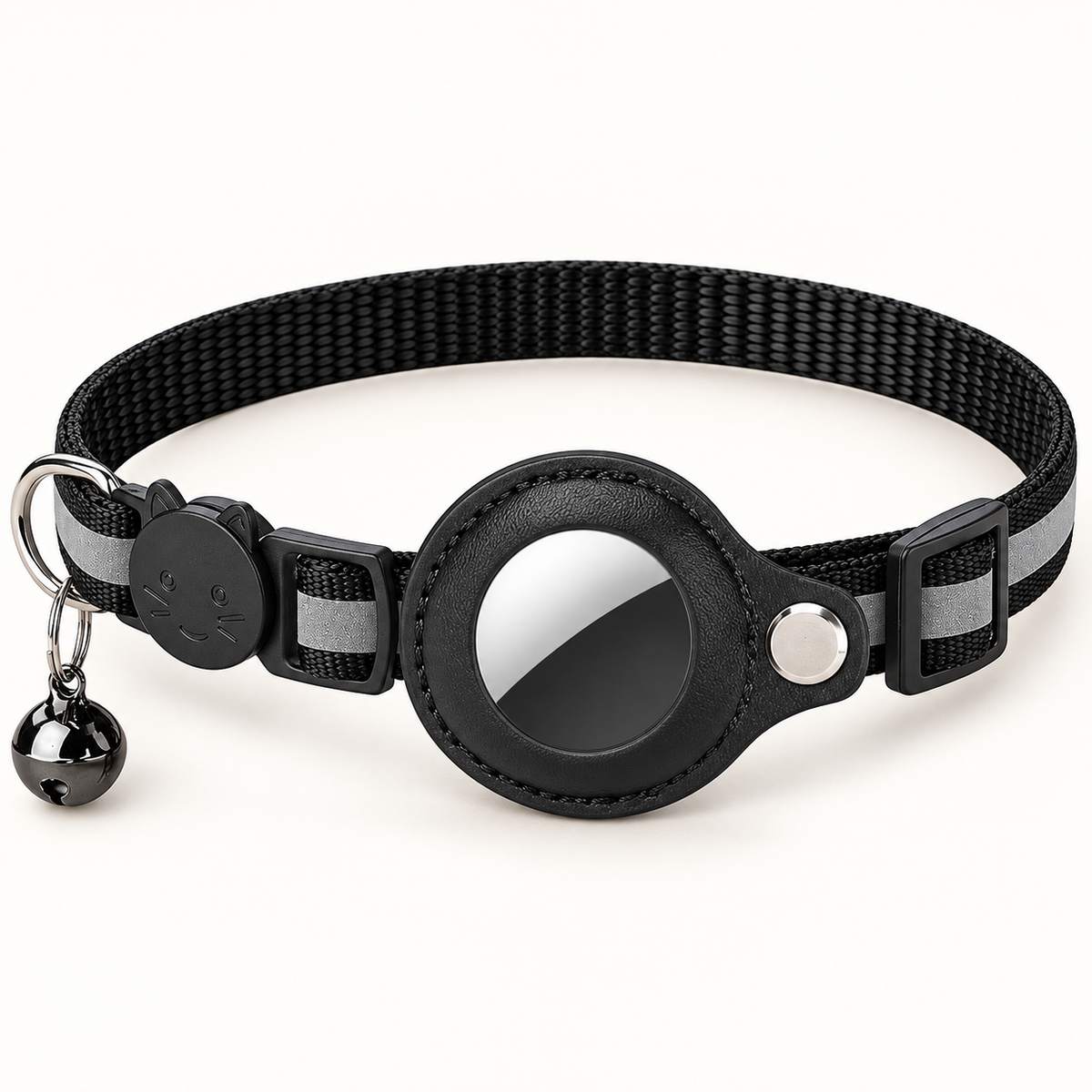 A black pet collar with a central oval reflective patch, adjustable black webbing strap, silver buckle, and a small hanging black bell, shown on a clean white background.