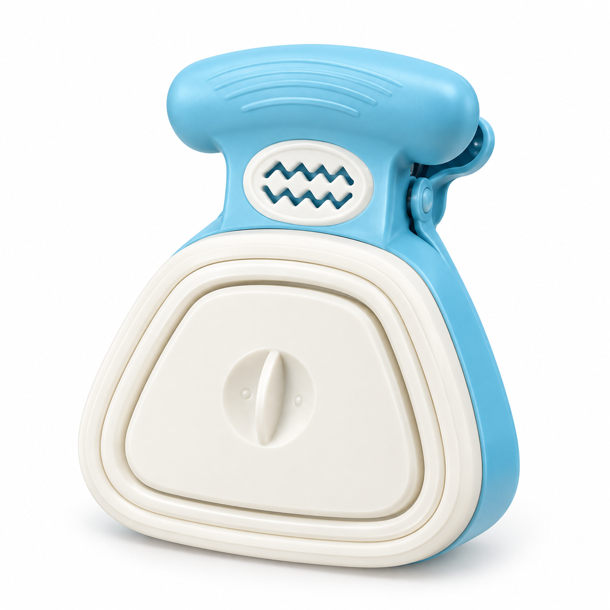 A blue and off-white collapsible silicone bottle clip or bottle stopper accessory, shown on a clean white background.