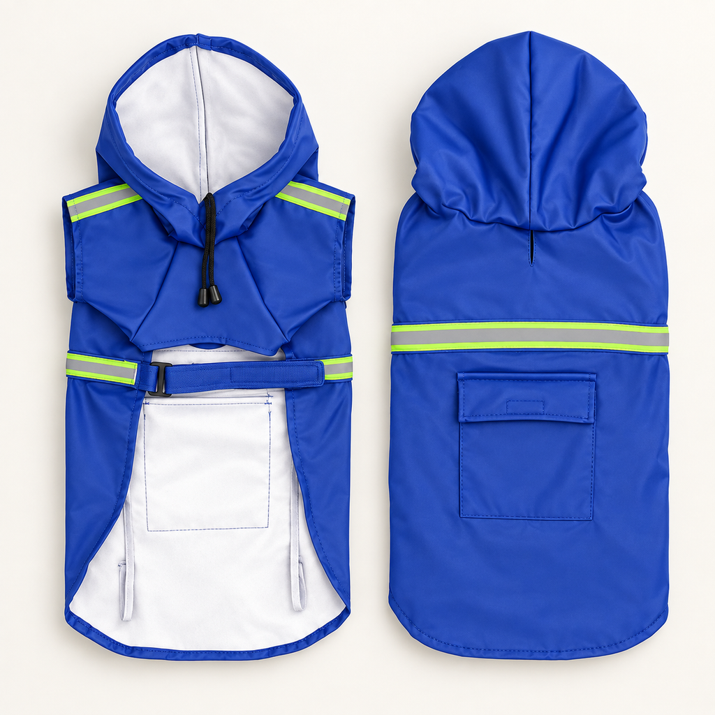 A blue dog raincoat shown from both the front and back views on a light beige background. The coat features a hood, a reflective lime green stripe across the shoulders and waist, a white interior lining, and a front pocket on the back.