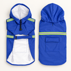 A blue dog raincoat shown from both the front and back views on a light beige background. The coat features a hood, a reflective lime green stripe across the shoulders and waist, a white interior lining, and a front pocket on the back.