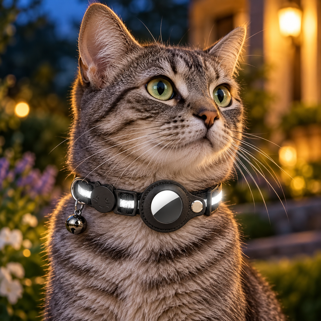 A close-up of a tabby cat wearing a black reflective collar with a small silver bell, set against a softly blurred outdoor background at dusk.