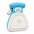 A compact, foldable hand sanitizer holder with a bright blue top handle and a white lower chamber, featuring a silver metal carabiner clip and a wave-patterned detail on the front.