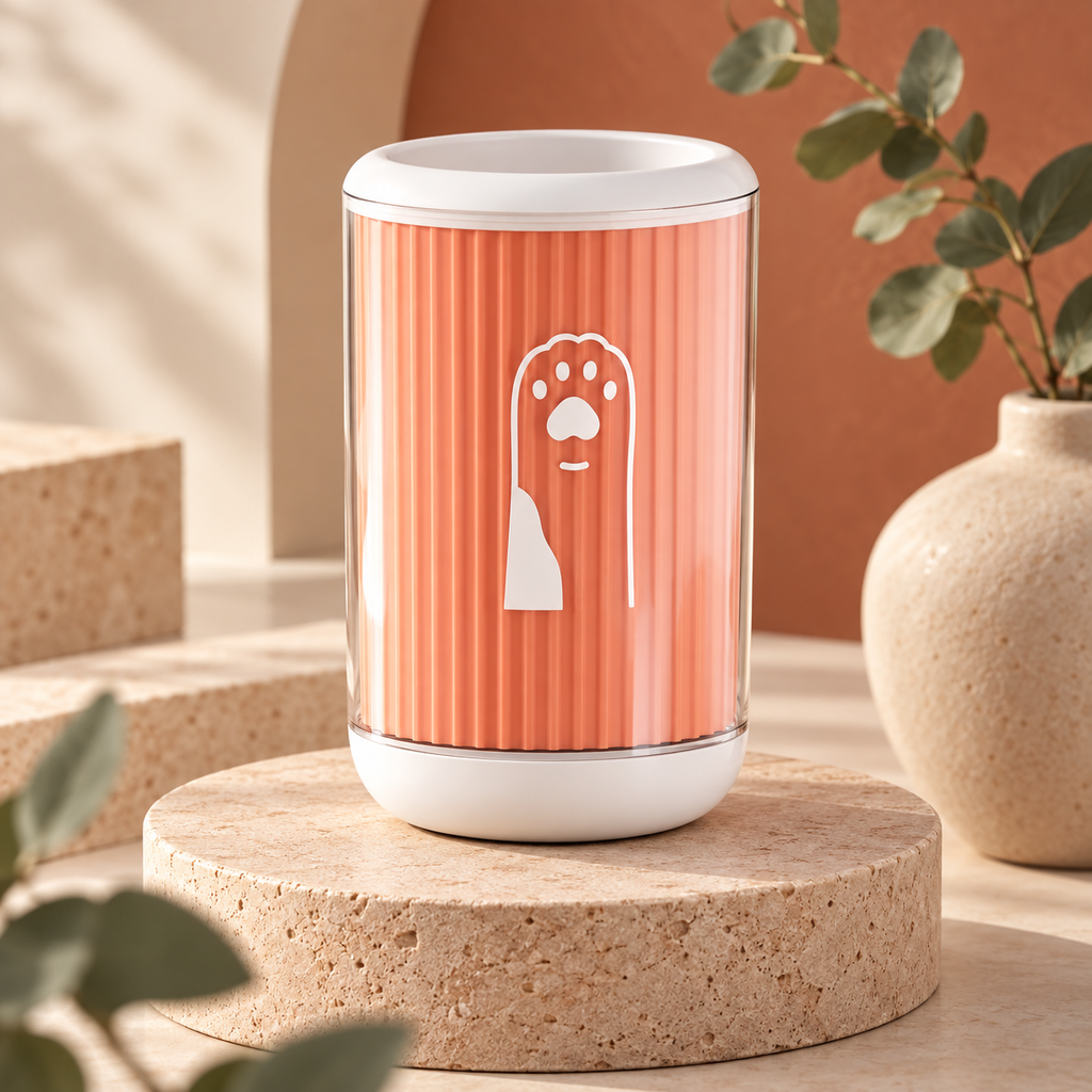 A cylindrical pet feeder or toy with a ribbed coral-orange body, a white top and base, and a white dog silhouette graphic, displayed on a round stone pedestal in a warm, styled interior setting.