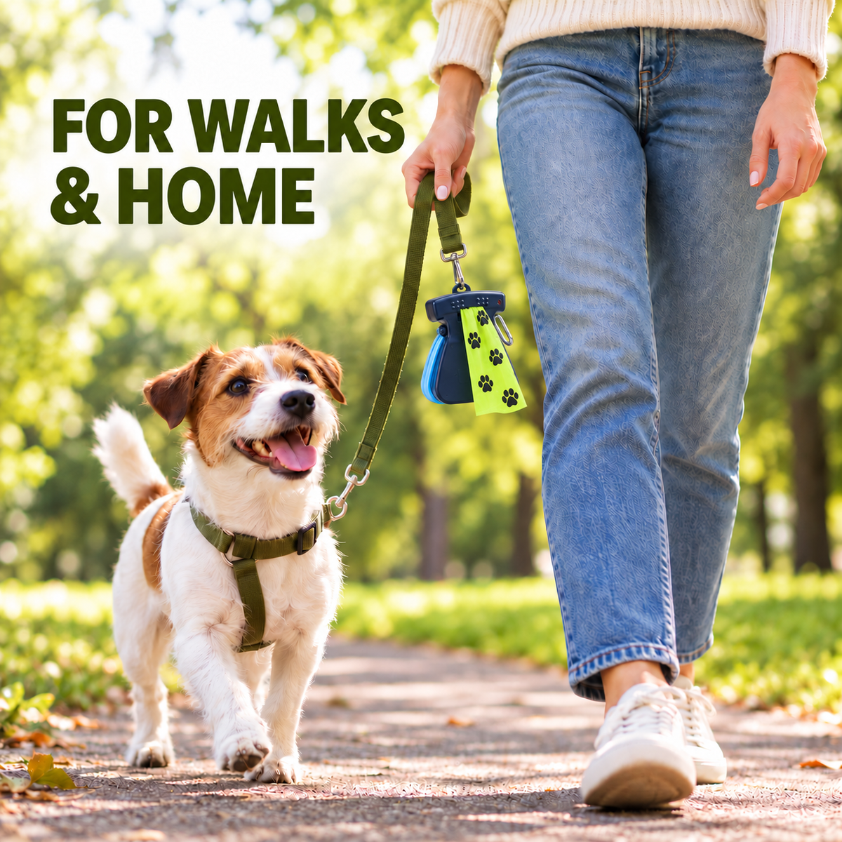 A dog walking harness and leash set being used outdoors on a park path, with a person in jeans walking alongside the dog. The leash includes a small blue and green pouch with paw print details.
