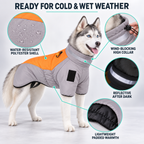A dog wearing a gray and orange pet coat with feature callout circles and text highlighting water resistance, wind blocking, reflective collar, and padded warmth. The image has a light gray background and a bold header reading 'READY FOR COLD & WET WEATHER'.