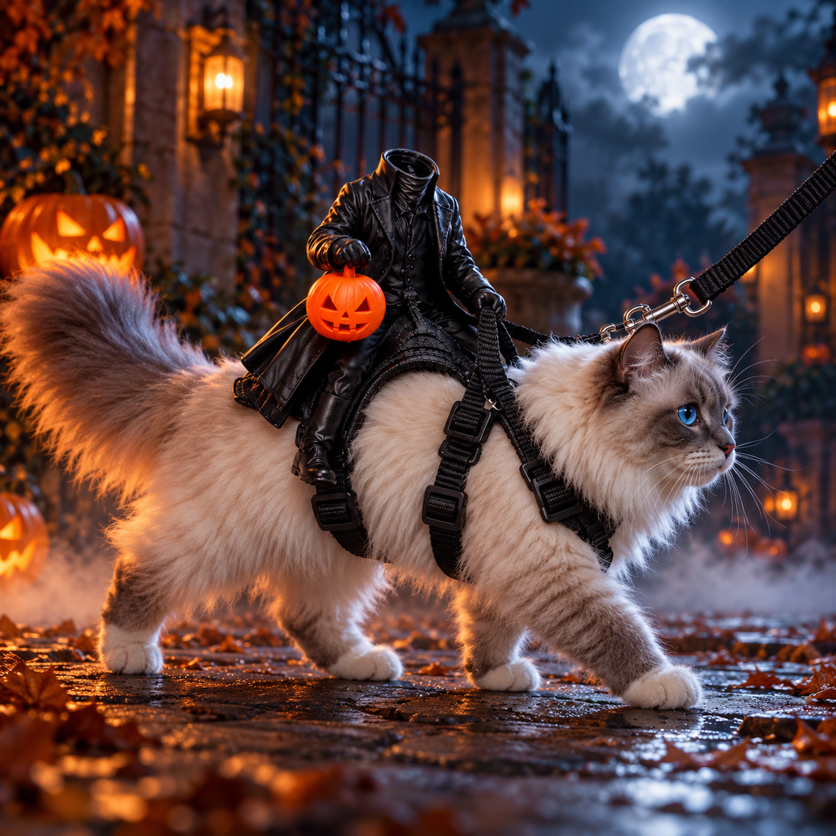 A fluffy cream and gray cat wearing a black cat costume harness and miniature black coat, walking on a Halloween-themed street at night with pumpkins, lanterns, and a full moon in the background.