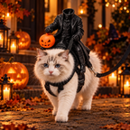 A fluffy white cat wearing a black harness and saddlebag-style Halloween outfit, with a small figure in a black coat and orange pumpkin on its back, walking outdoors at night on a leaf-strewn path with lanterns and pumpkins in the background.