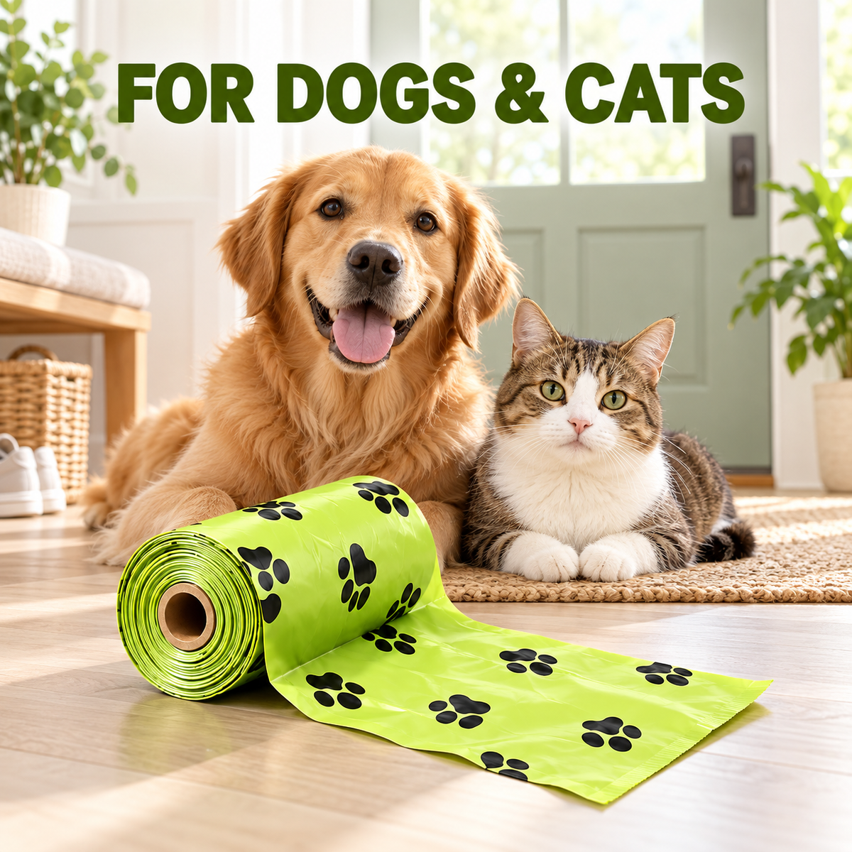 A golden retriever and a tabby cat sit indoors on a rug beside a rolled green pet training mat with black paw-print pattern. Large text at the top reads “FOR DOGS & CATS.