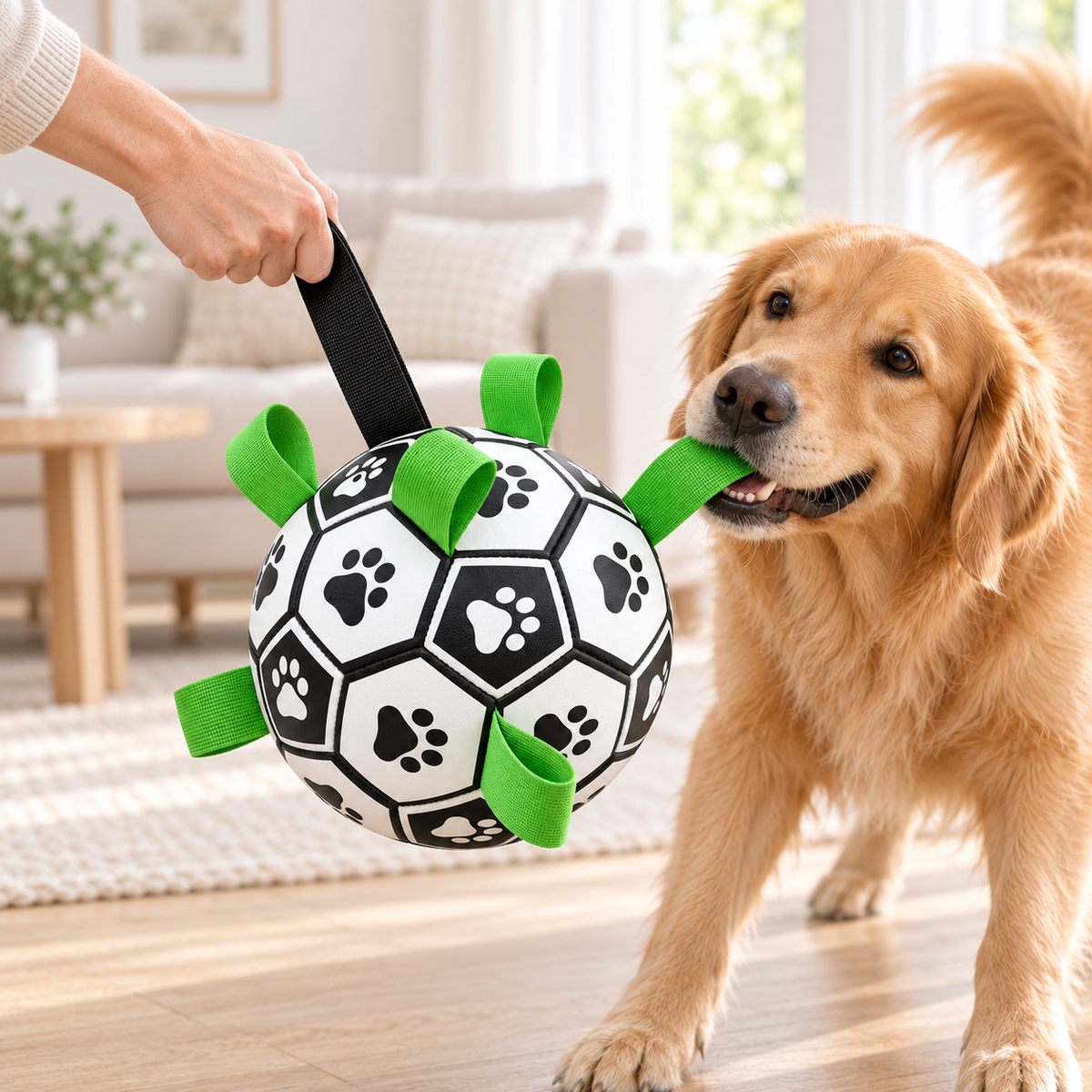 A golden retriever dog holds a black soccer ball toy with green loops in its mouth while a person's hand lifts the black handle. The toy features black paw prints on a white background, set in a bright, modern living room.