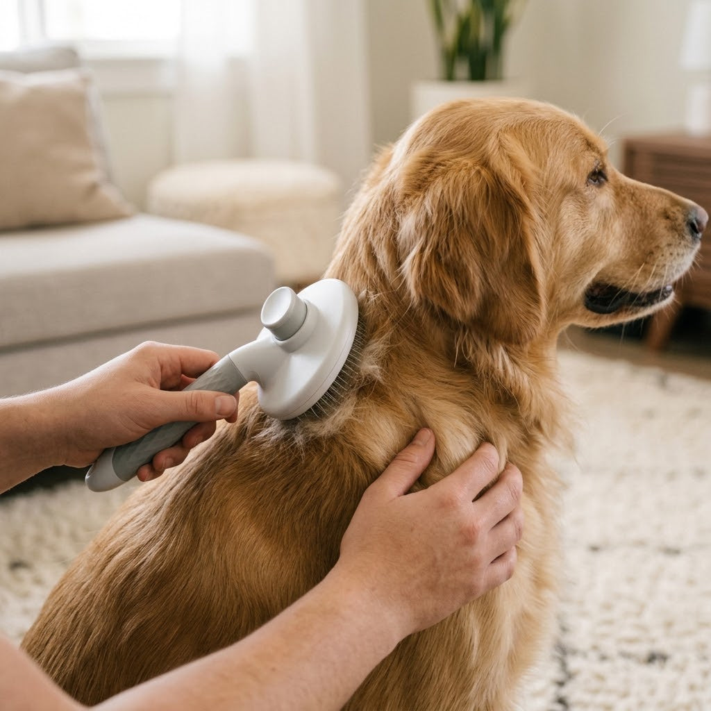 A golden retriever dog is being brushed with a white and gray pet grooming brush in a bright, modern living room. A person's hands are visible holding the brush and supporting the dog.