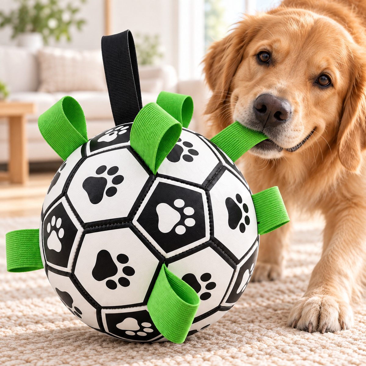 A golden retriever dog is playing with a black and white soccer ball dog toy that has bright green loops and a black handle, set on a beige carpet in a living room.