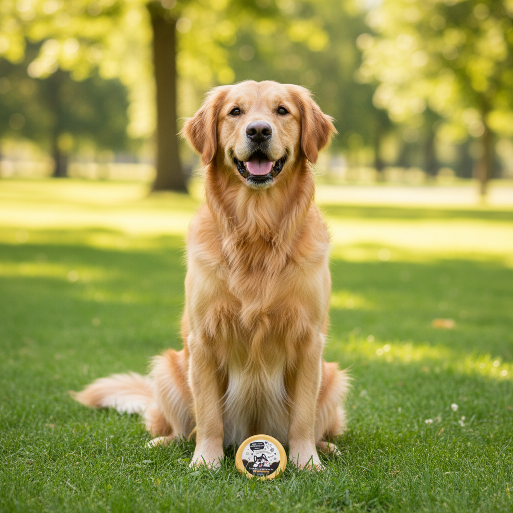 A golden retriever dog sits on a green grassy lawn in a sunny park, looking directly at the camera with its tongue out. A small round dog toy is in front of its paws.