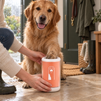 A golden retriever sits on a tiled floor indoors while a person holds a cylindrical pet grooming brush holder. The holder is coral pink with a white top and base, and a white dog silhouette graphic.