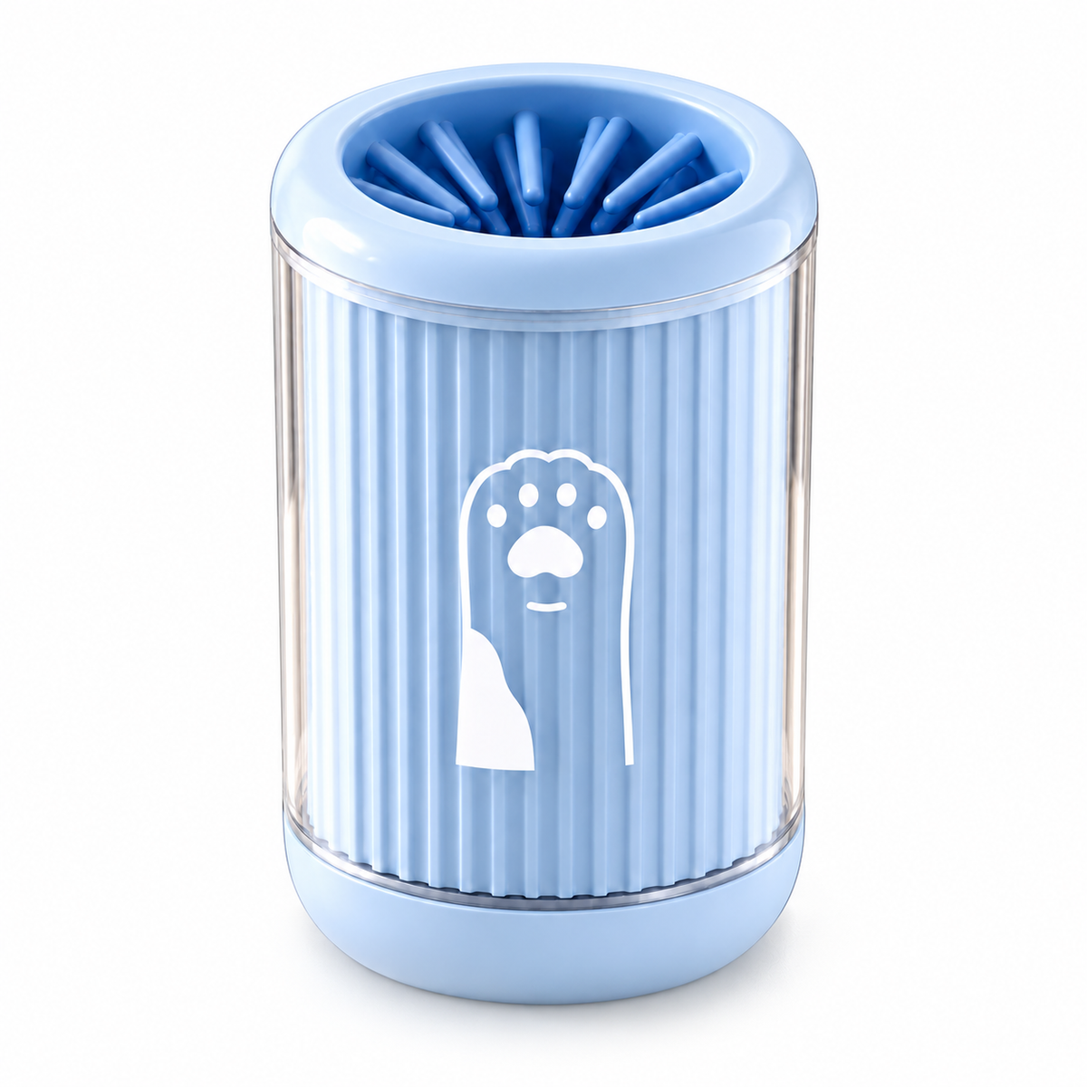 A light blue cylindrical pet toy or dispenser with a ribbed body, clear side panels, a blue opening at the top with bristle-like internal spikes, and a white paw-print graphic on the front, shown on a white background.