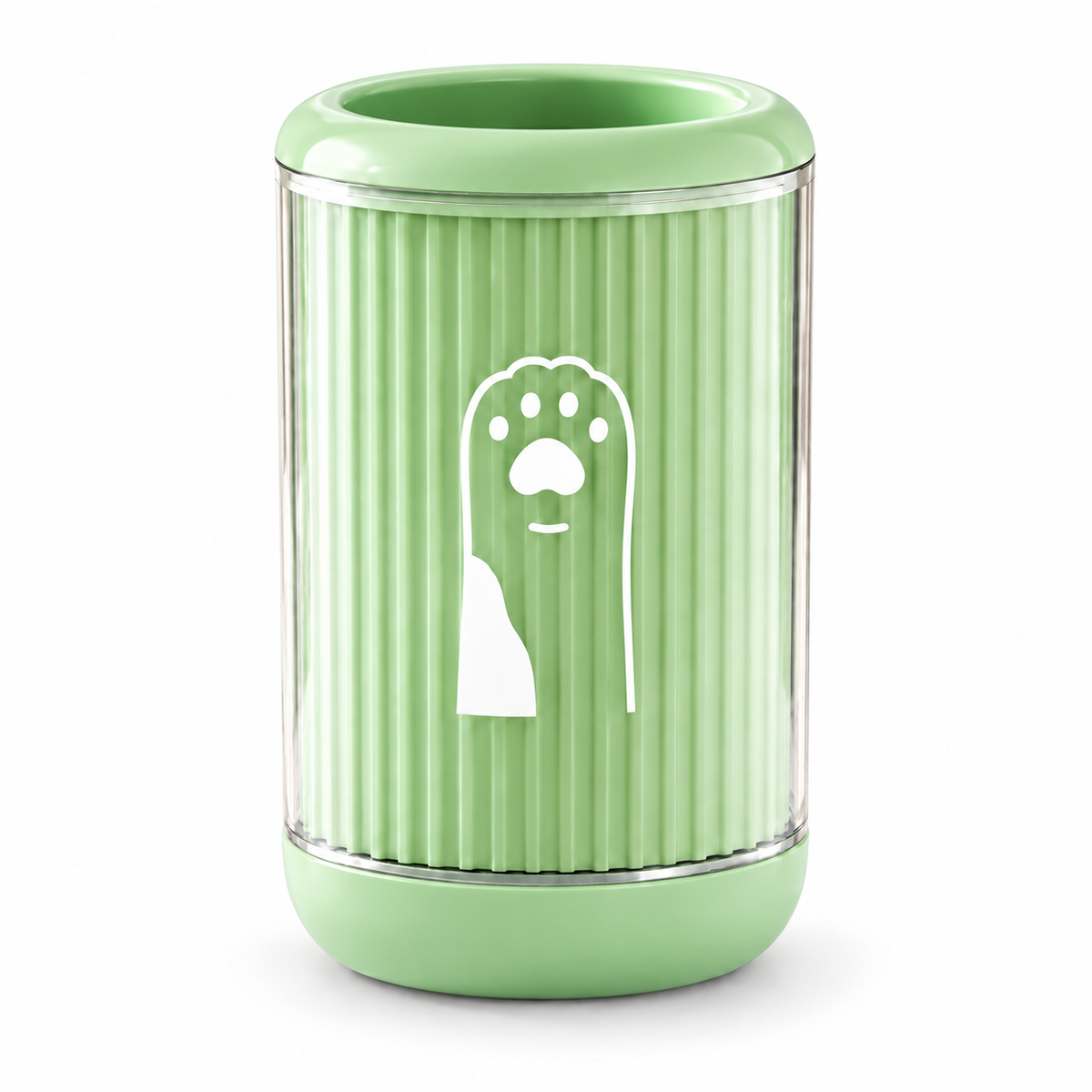 A light green cylindrical pet waste container with a ribbed body, clear plastic sides, a matching green lid, and a white dog silhouette graphic on the front, set against a plain white background.