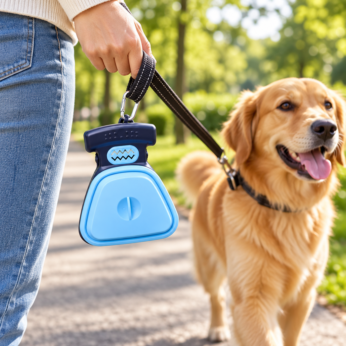 A person walking a golden retriever on a leash in a park, holding a blue and dark navy dog poop bag dispenser attached to the leash.
