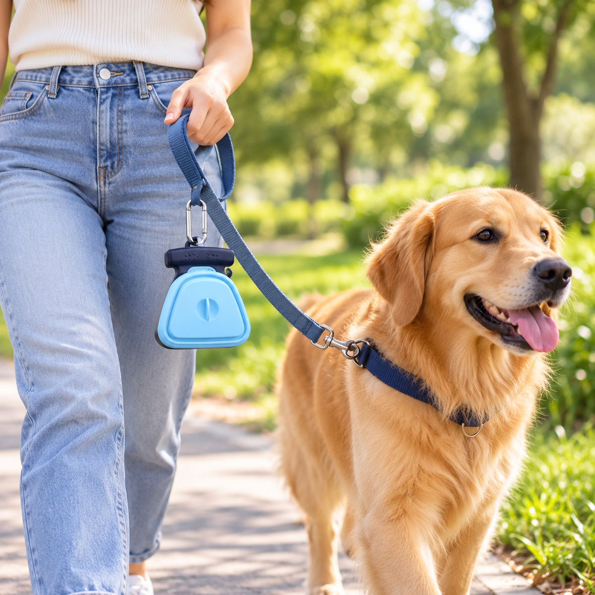 A person walking a golden retriever on a leash in a sunny park. The leash features a bright blue triangular handle and a dark blue strap attached to the dog's collar.