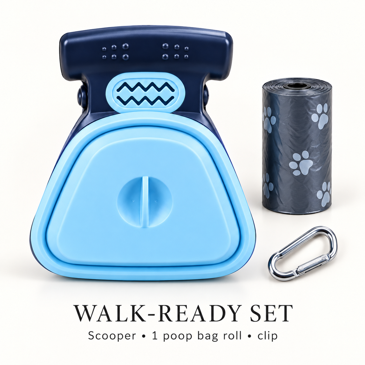 A pet poop bag carrier set on a light cream background, featuring a blue and navy plastic scoop, a roll of dark gray poop bags with a light gray paw print pattern, and a silver metal clip. Text at the bottom reads 'WALK-READY SET Scooper • 1 poop bag roll • clip'.