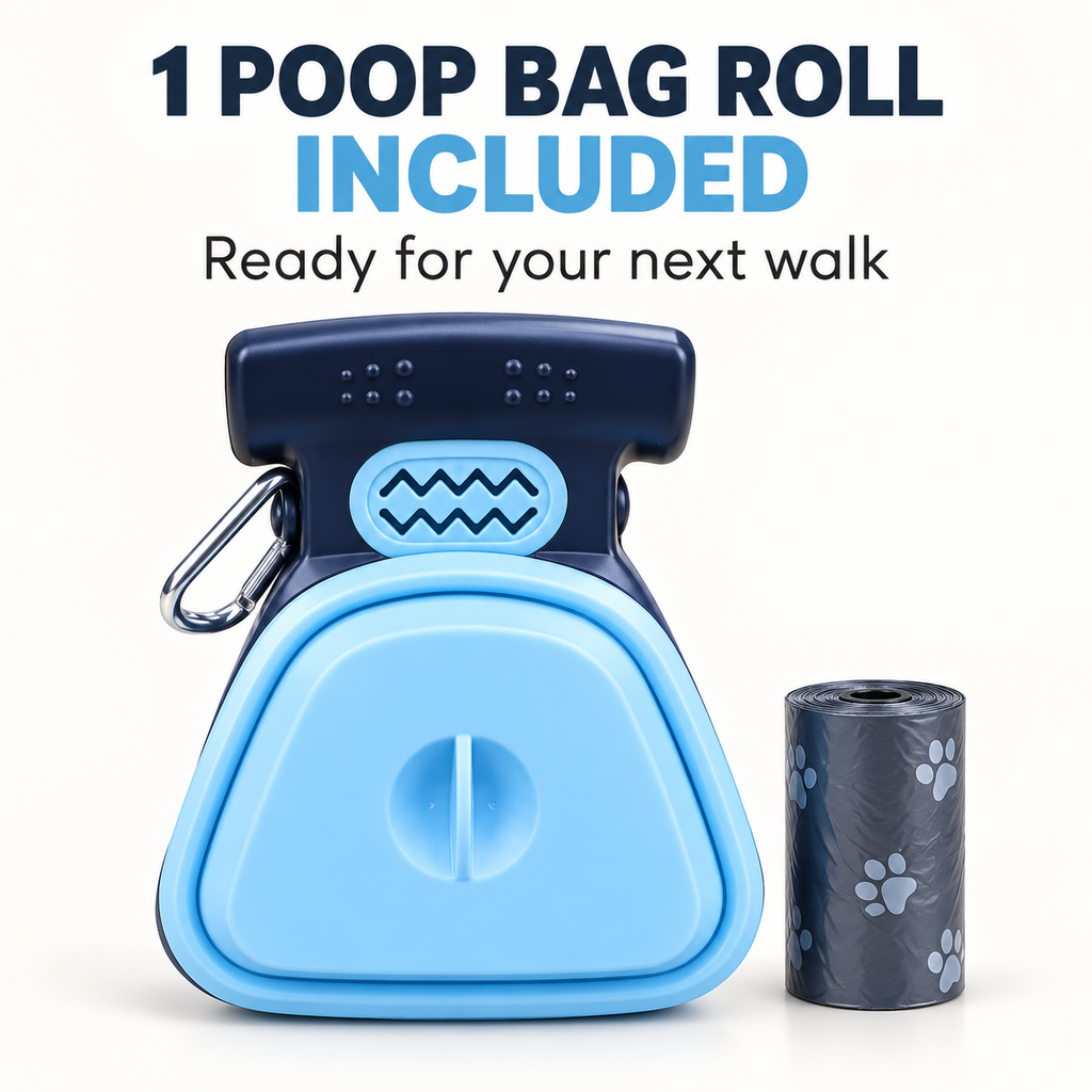 A pet poop bag roll holder in light blue and dark navy blue, shown with a roll of black plastic poop bags printed with white paw prints. Text at the top reads '1 POOP BAG ROLL INCLUDED' and 'Ready for your next walk' on a clean white background.