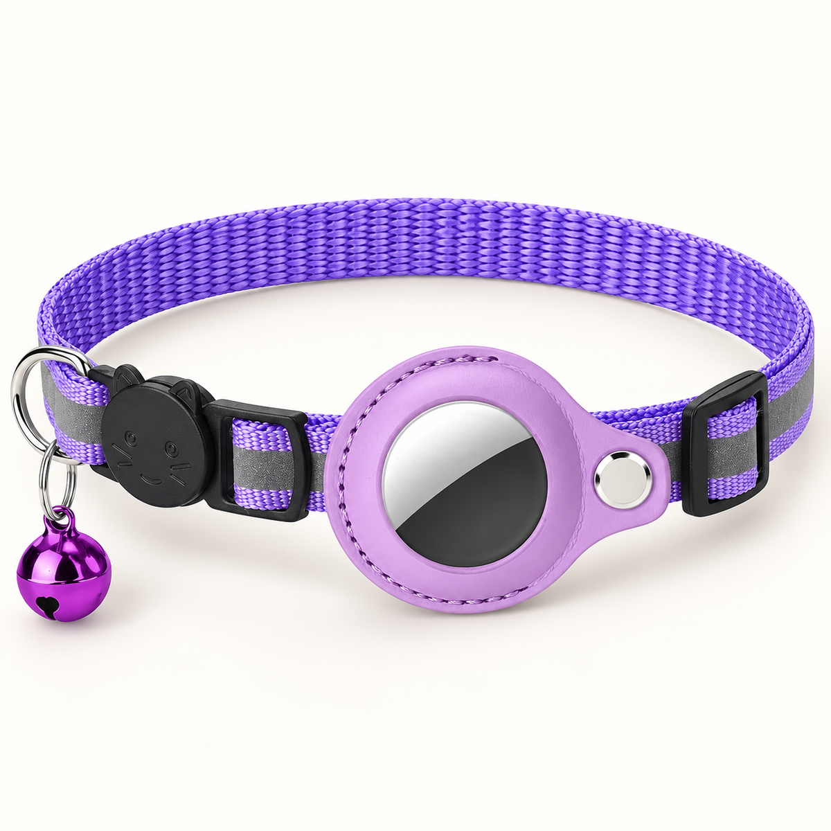 A purple pet collar with a woven strap, black plastic buckle, a small shiny purple bell, and a round purple reflective ID tag on a white background.