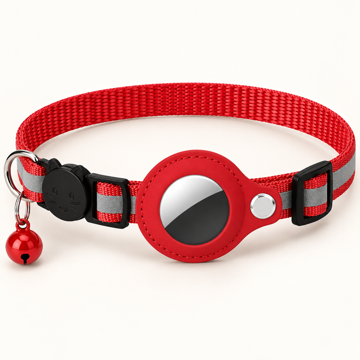 A red pet collar with gray reflective stripes, a circular red reflective center, a silver snap button, and a small red bell hanging on the side, shown on a clean off-white background.