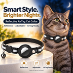A reflective cat collar with a small bell is displayed on a pedestal next to a tabby cat wearing the same model in a nighttime outdoor scene. Large text reads 'Smart Style.