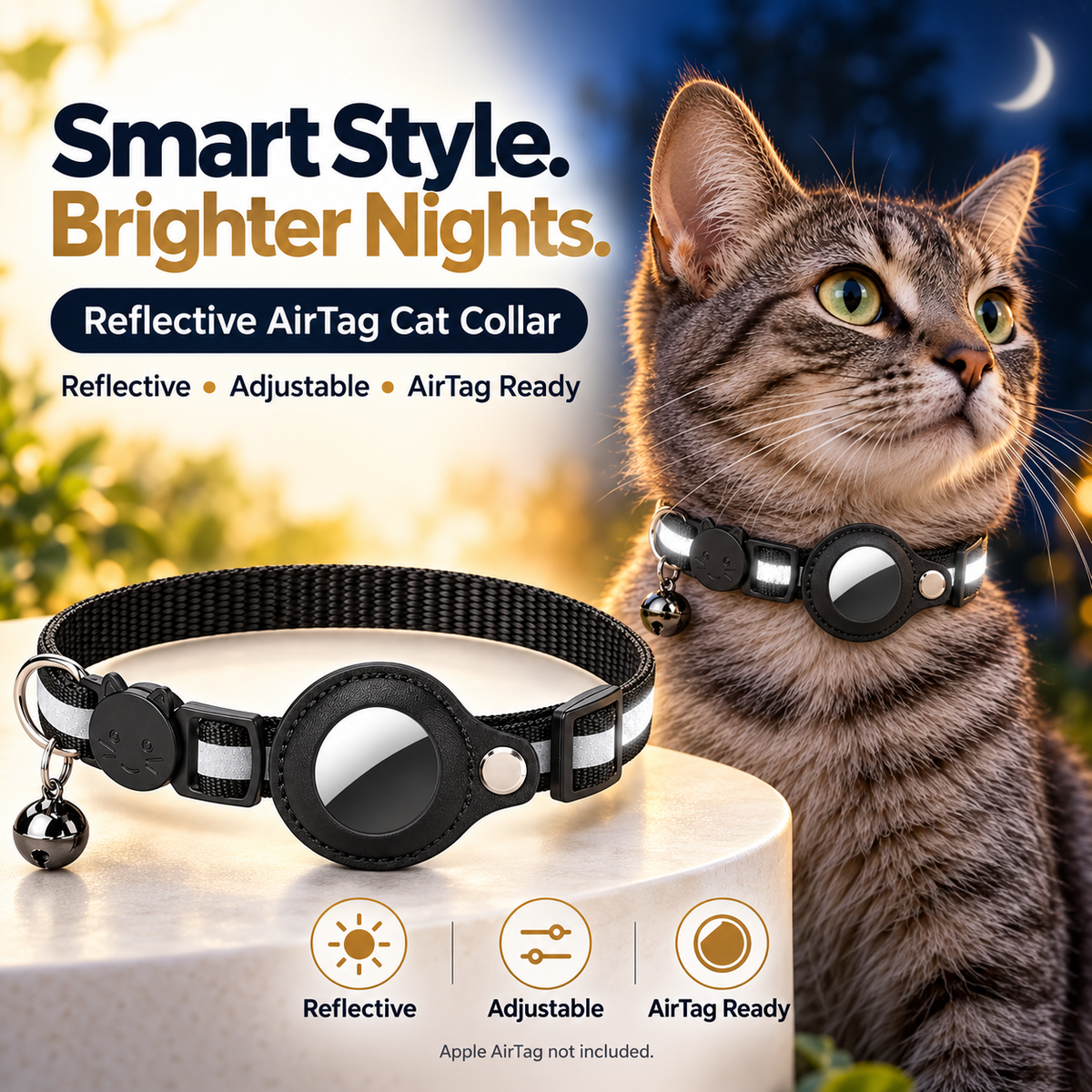 A reflective cat collar with a small bell is displayed on a pedestal next to a tabby cat wearing the same model in a nighttime outdoor scene. Large text reads 'Smart Style.