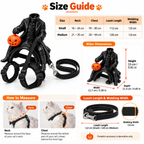A size guide infographic for a black cat harness and leash set. The image features a black cat-shaped harness with a pumpkin accessory, a size chart table, dimensions for the harness and leash, step-by-step measurement instructions with a cat illustration, and a close-up of the leash webbing.