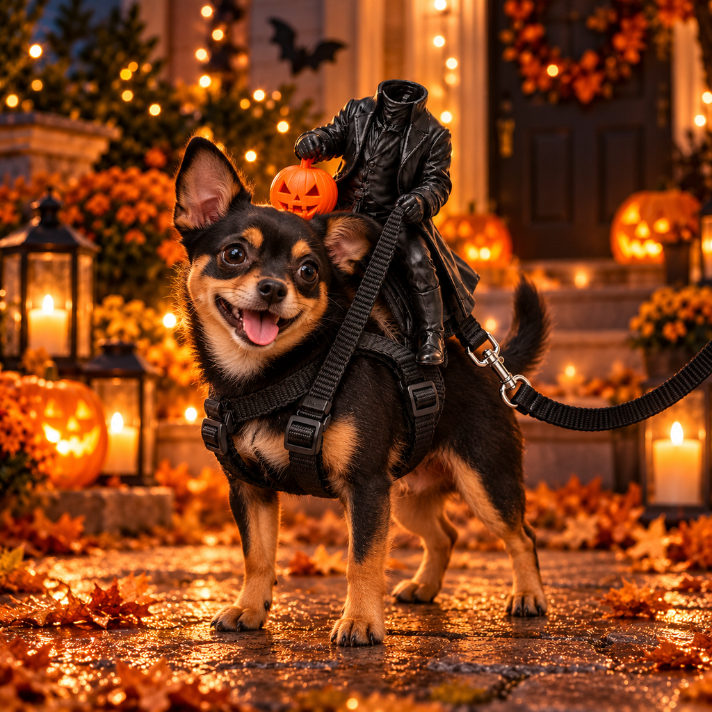 A small black and tan dog stands outdoors in a Halloween-lit neighborhood wearing a harness and saddlebag-style outfit with a miniature rider figure holding an orange pumpkin. The scene includes pumpkins, candles, autumn leaves, and warm string lights.