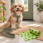 A small fluffy dog sits on a woven rug indoors, wearing an olive green harness and leash. A matching green poop bag lies on the floor beside it, with a rolled bag showing black paw-print pattern.