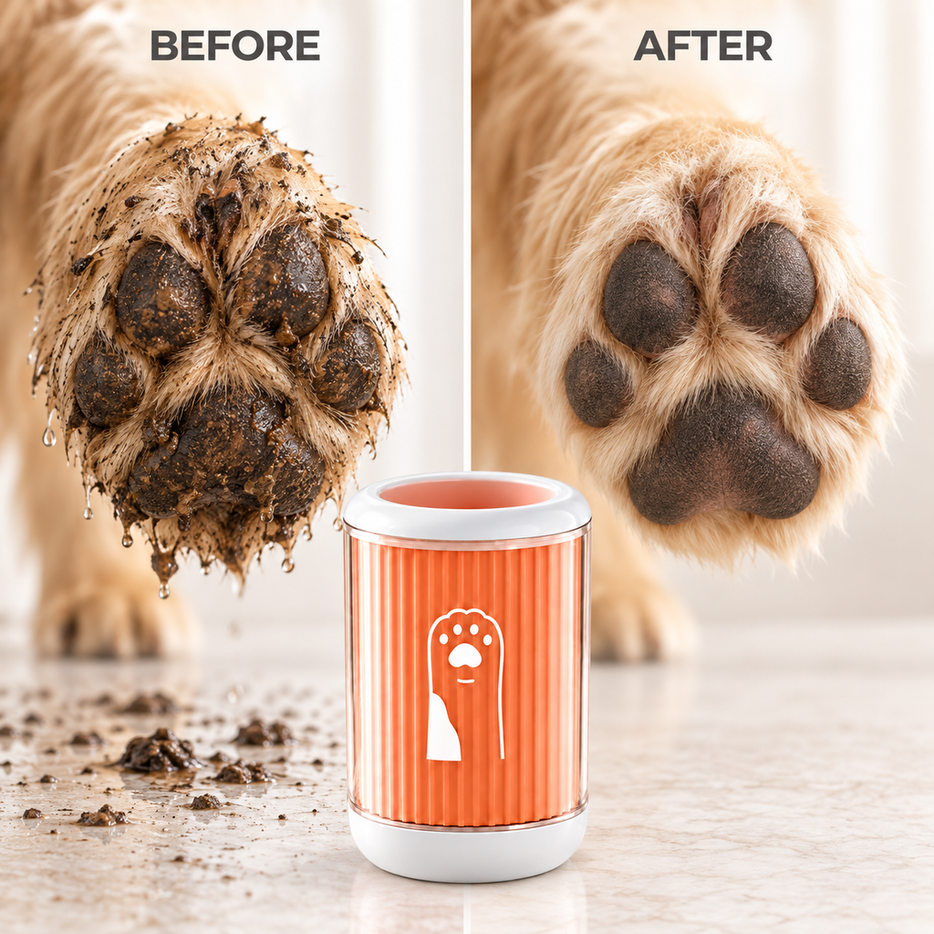 A split-screen comparison showing a dog's muddy paw before and after cleaning, with a small orange cylindrical pet product centered in front on a light floor. The left side shows a tan dog paw covered in dark dirt and mud under the text 'BEFORE'; the right side shows the same paw clean under the text 'AFTER'.
