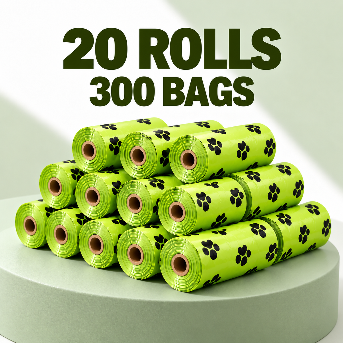 A stack of bright lime green plastic bag rolls printed with black paw prints, displayed on a light gray pedestal with large text reading '20 ROLLS 300 BAGS' above.