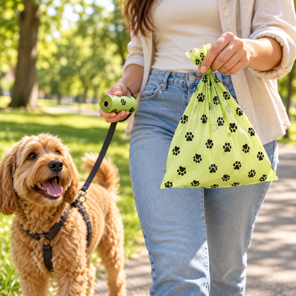 A woman in a park holds a green plastic bag with black paw print patterns and a matching green leash holder, with a small brown dog on a black leash beside her.