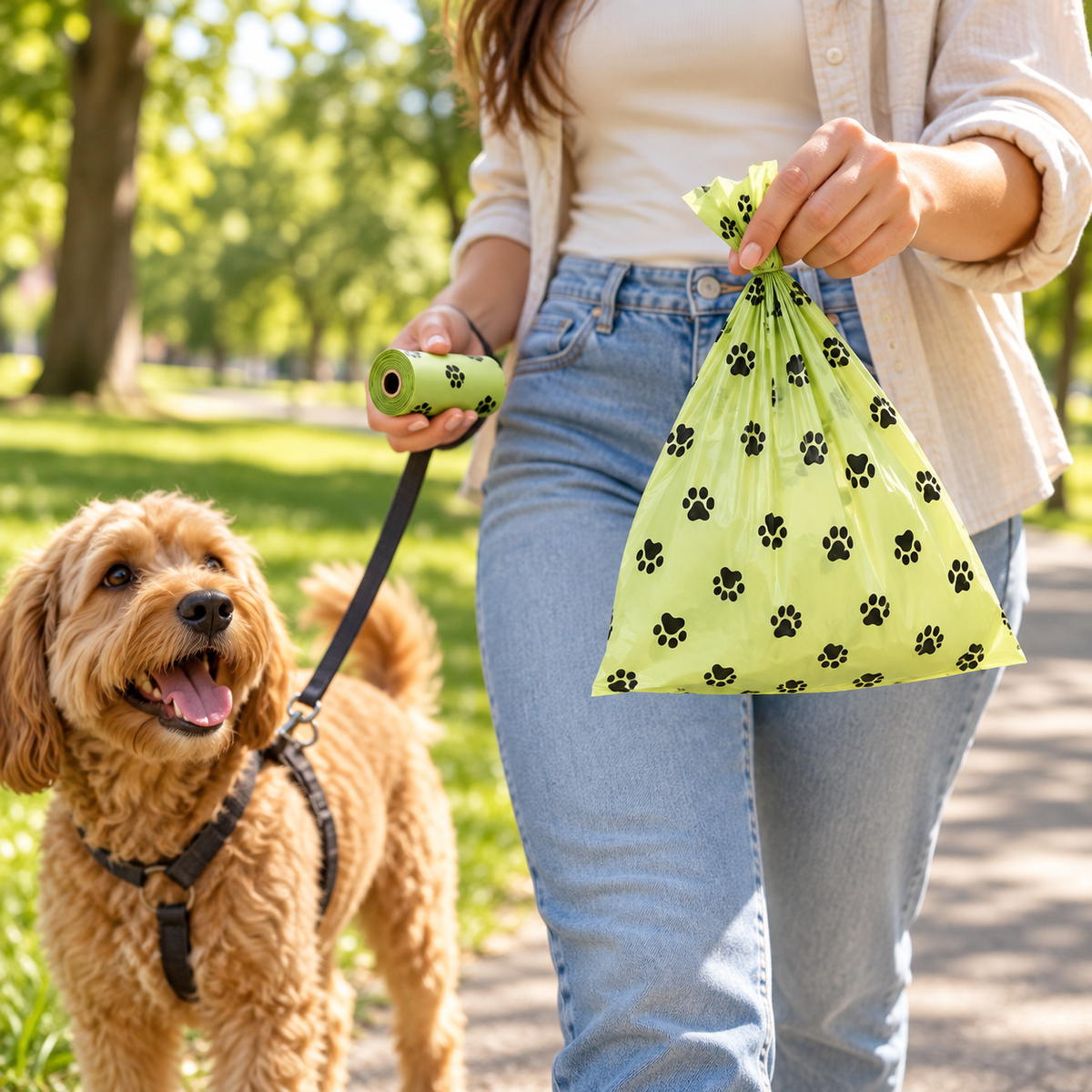 A woman in a park holds a green plastic bag with black paw print patterns and a matching green leash holder, with a small brown dog on a black leash beside her.