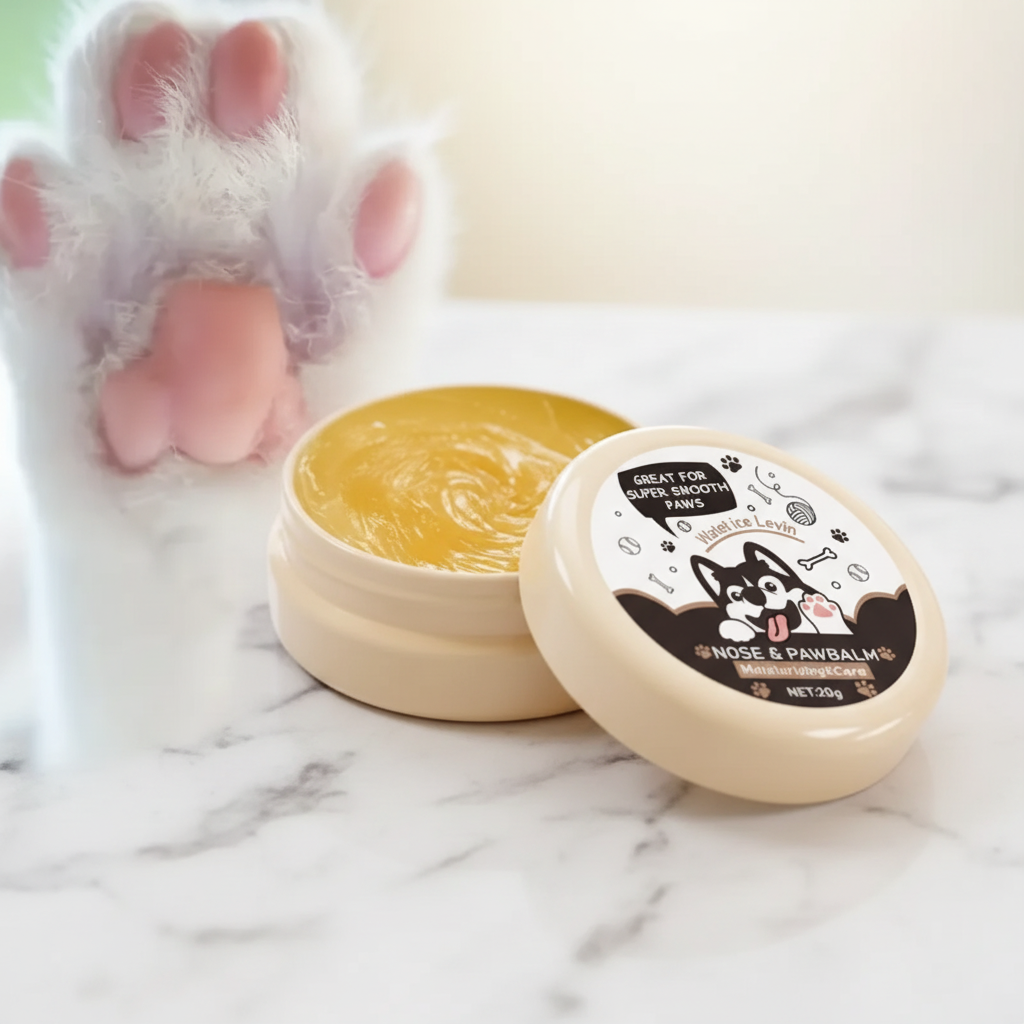 An open round jar of yellow balm with its lid placed beside it on a white marble surface. A plush white paw with pink pads is visible in the background.
