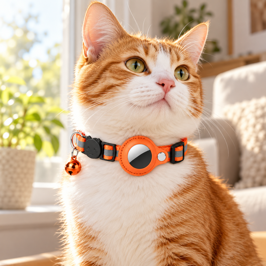 An orange and white cat wearing an orange and black pet collar with a small bell, photographed in a bright indoor setting.