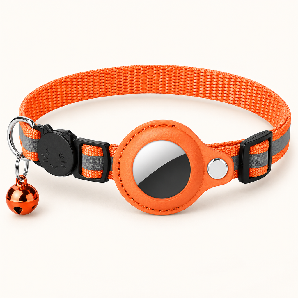 An orange pet collar with a matching round orange and black tracker tag, gray reflective stripes, and a small orange bell, shown on a clean off-white background.