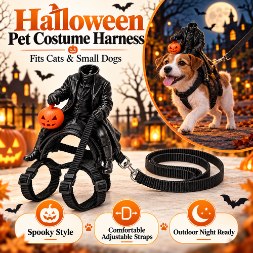 Black Halloween pet costume harness with a miniature rider design, shown with an adjustable leash. The image features a dog wearing the harness in a spooky outdoor setting, along with promotional text and feature badges.