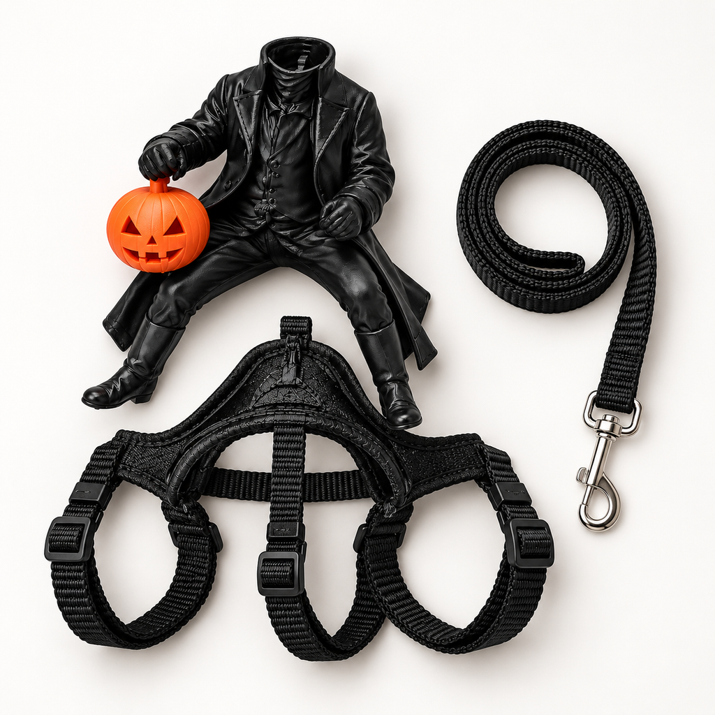 Black dog harness and matching leash set with a small orange jack-o'-lantern accessory, arranged on a clean white background.